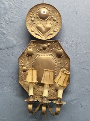 Lot 55 - An antique brass repousse Dutch-style three...
