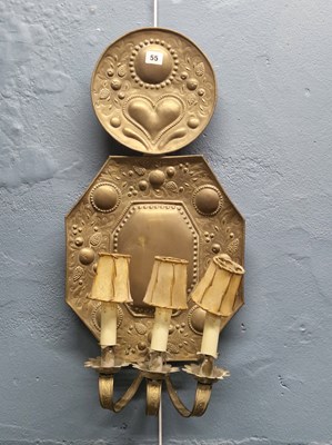 Lot 55 - An antique brass repousse Dutch-style three...