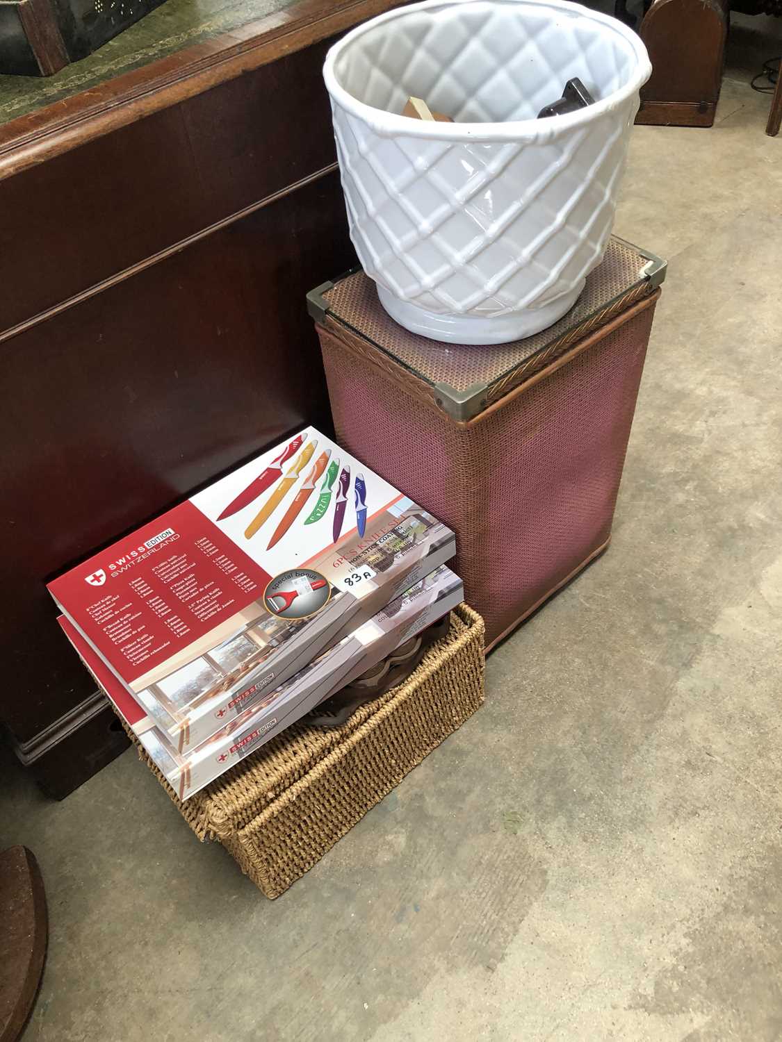 Lot 83 - Lloyd loom clothes basket, two new Swiss knife...