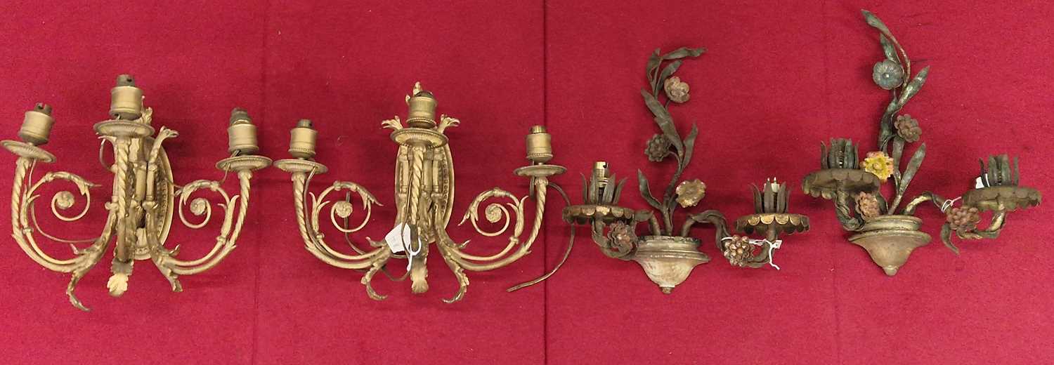 Lot 44 - A pair of antique tole rococo style twin light...
