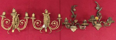 Lot 44 - A pair of antique tole rococo style twin light...