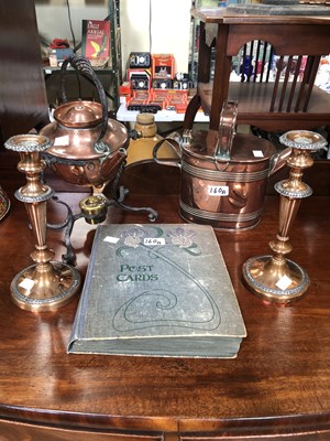 Lot 160A - Copper kettle on stand, watering can, pair of...