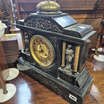 Lot 187 - A Victorian black slate mantel clock