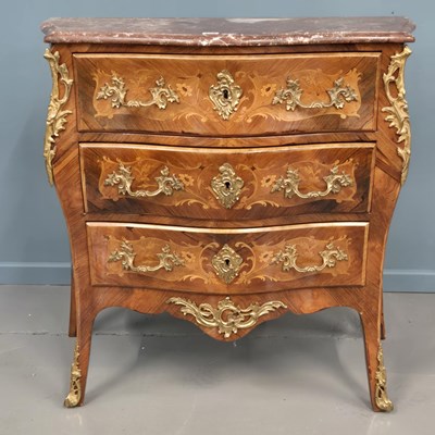 Lot 328 - An antique French marquetry inlaid marble top...