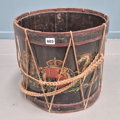 Lot 603 - An antique Military side drum, decorated with...