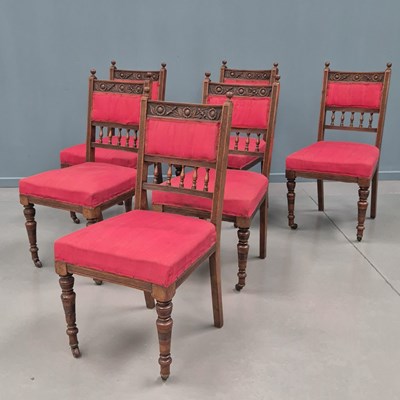 Lot 1323 - A set of six Victorian oak dining chairs with...