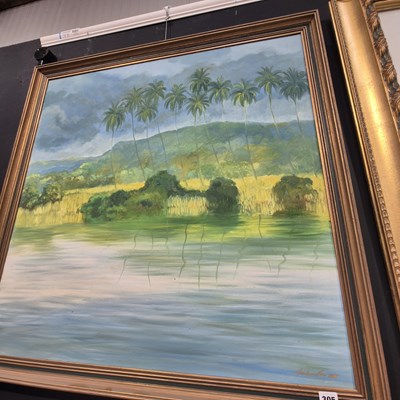 Lot 305 - A large, indistinctly signed oil painting,...