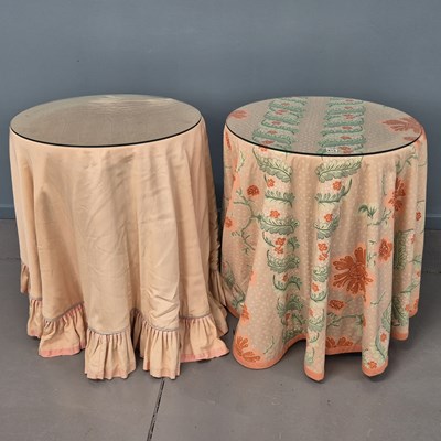 Lot 615 - A pair of bedside tables with draped fabric...