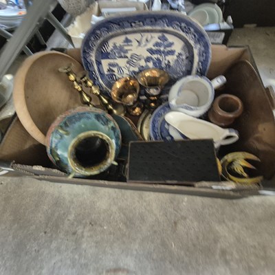 Lot 347 - Horse brasses, blue and white plates, brass...