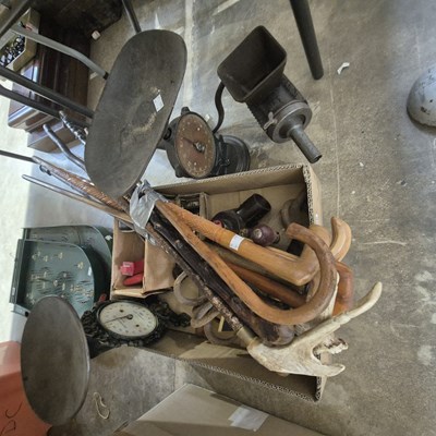 Lot 356 - Two vintage kitchen scales, a mincer, various...