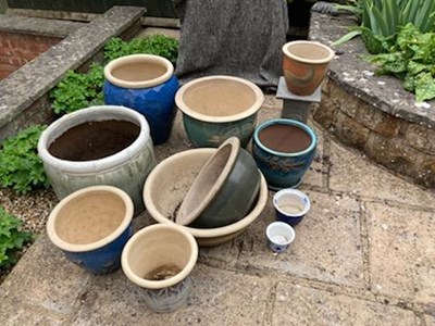 Lot 408 - Various large glazed pottery garden planters.