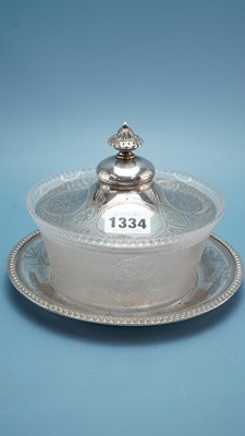 Lot 1334 - An acid etched glass butter dish with a silver...