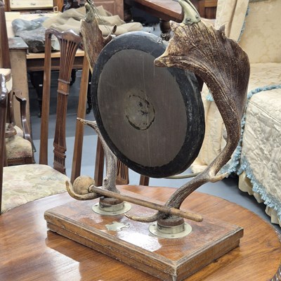 Lot 450 - An impressive Victorian antler table gong, oak...