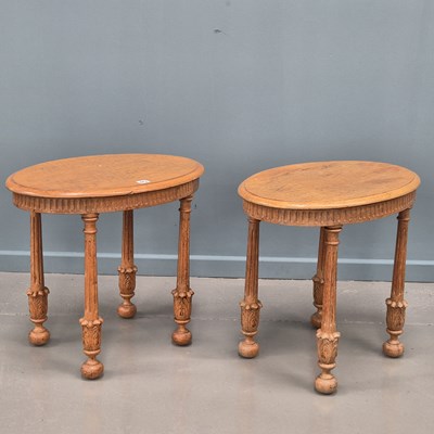 Lot 443 - A pair of Bespoke carved oak oval tables. H 50...