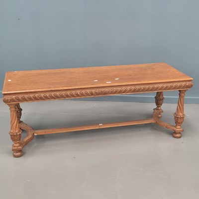 Lot 445 - A Bespoke carved oak gallery bench. H 51 W 138...