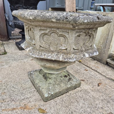 Lot 438 - A pair of Haddonstone gothic style garden urns,...
