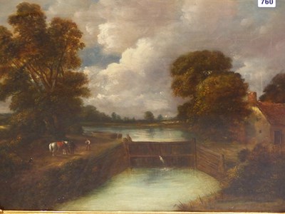 Lot 760 - Victorian school, a barge and horses by a lock...