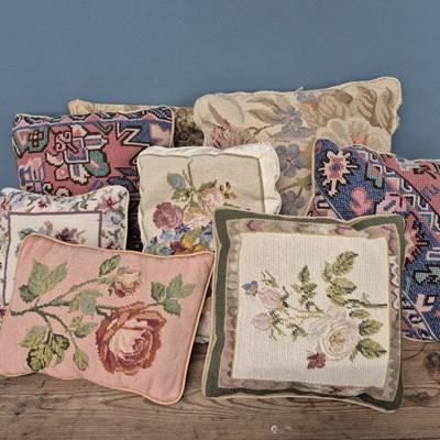 Lot 1018 - Various antique and later needlepoint cushions,...
