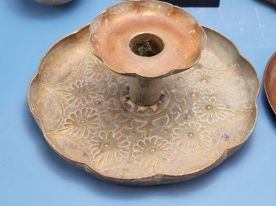 Lot 1257 - Three Arts and Crafts copper chamber sticks,...