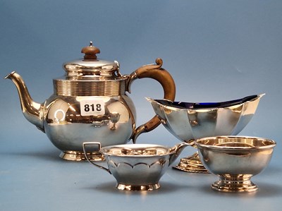 Lot 818 - A silver tea pot, London 1860, a blue glass...