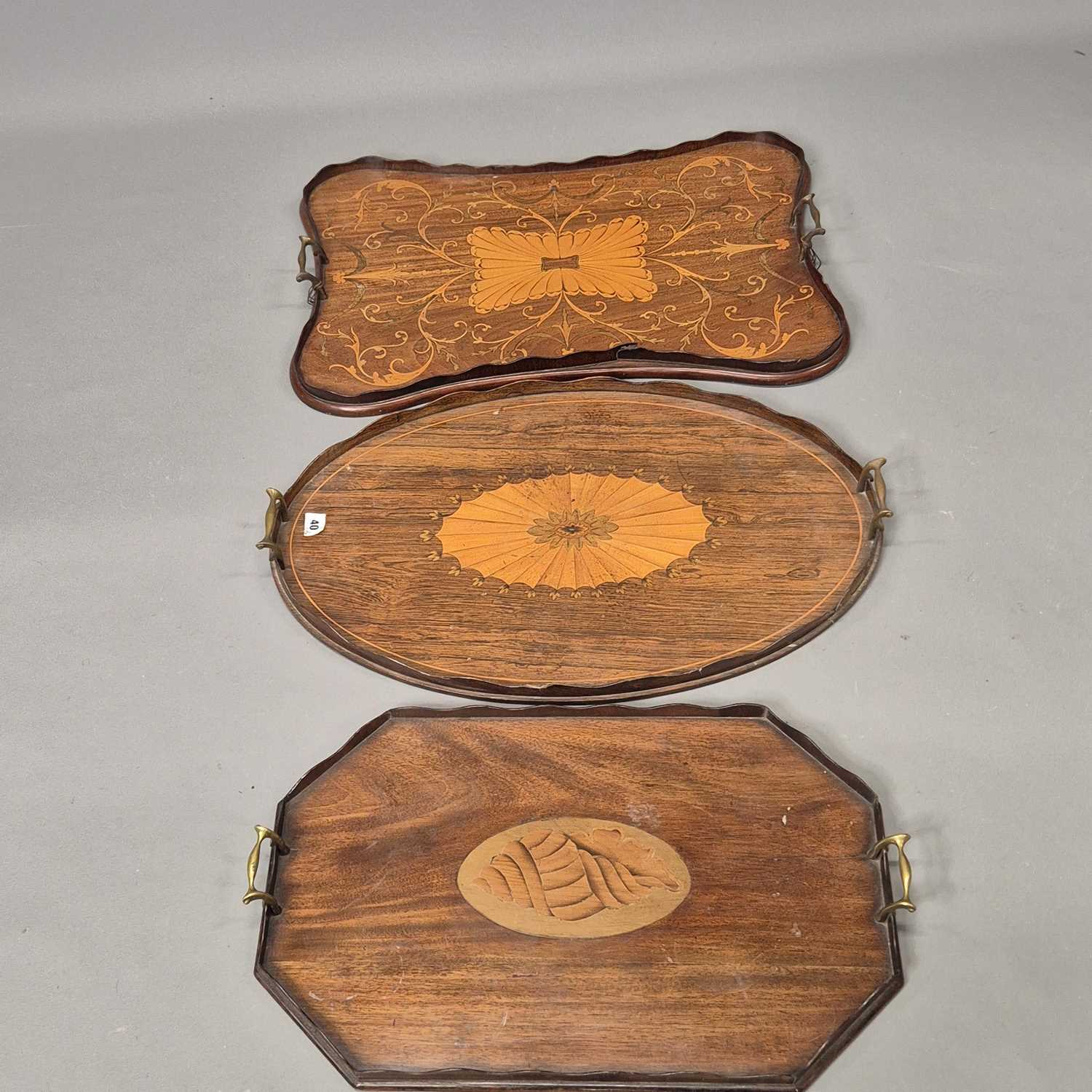 Lot 40 - Three Edwardian rosewood and mahogany, inlaid,...
