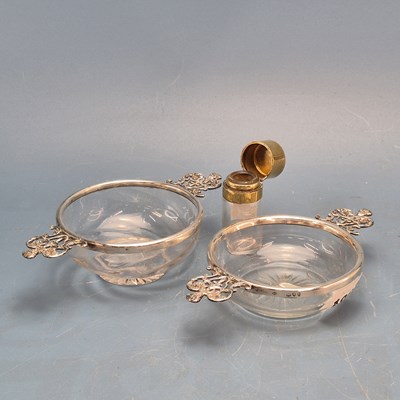 Lot 1057 - Two hallmarked silver and glass quaiche dishes...