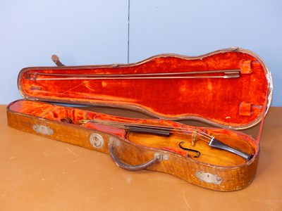 Lot 267 - A mahogany cased bow and violin, the back of...