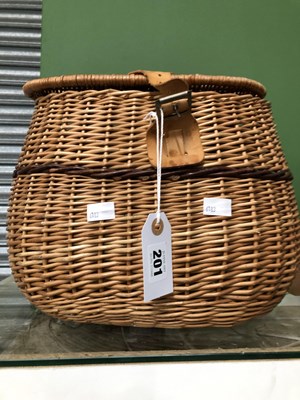 Lot 201 - A basket work creel with a khaki canvas...