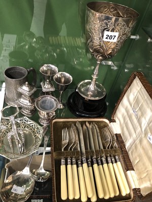 Lot 207 - Electroplate: a trophy cup, a case of fish...