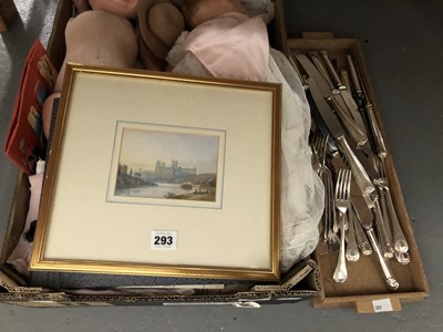 Lot 293 - Electroplate cutlery, two dolls, an album of...