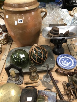 Lot 321 - A stoneware bread bin, scales and weights, two...