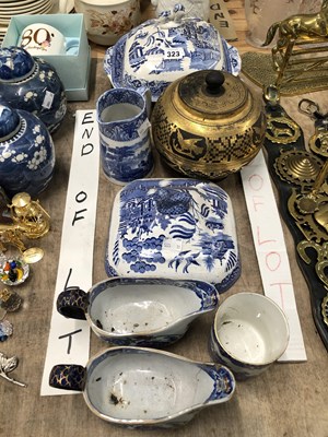 Lot 323 - Willow pattern wares, two Mason's sauce boats...