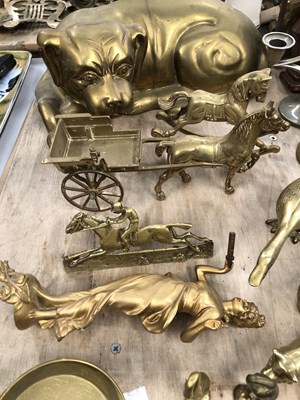 Lot 365 - Brass animal figures, candlesticks, four...