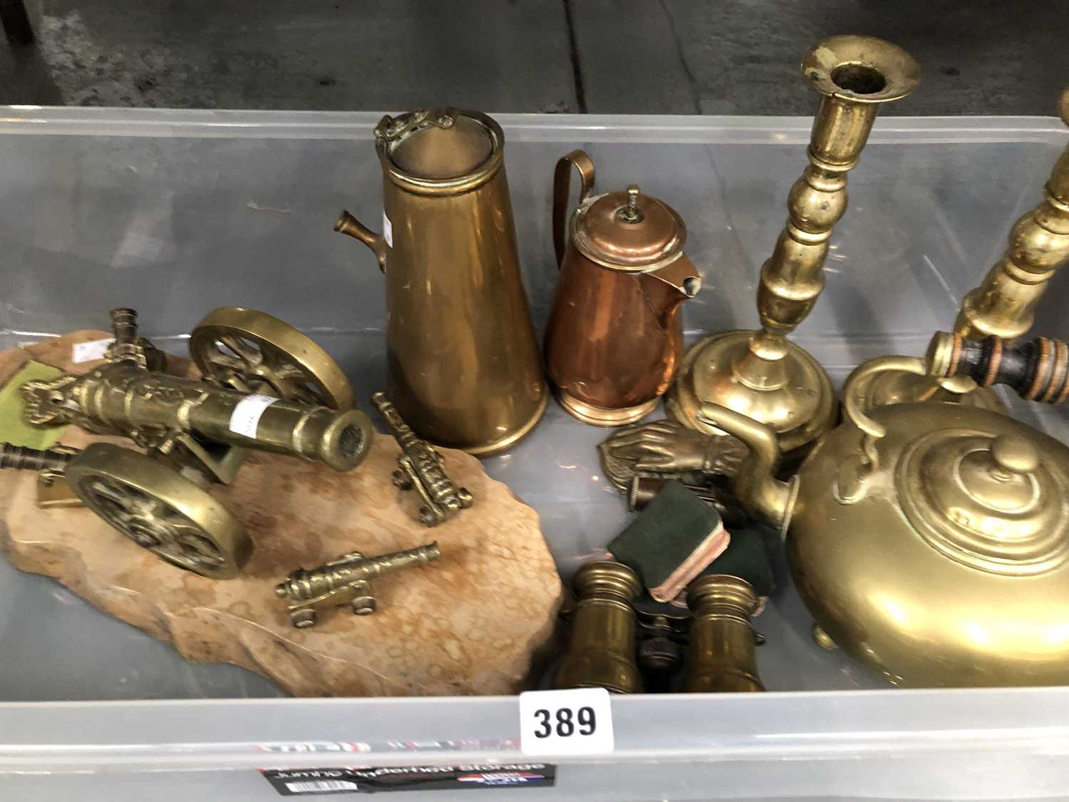Lot 389 - Two brass jam pans, two copper fish kettles,