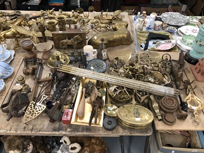 Lot 399 - Brass ware, iron weights and mole traps, a...