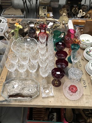 Lot 441 - A cut glass wine set, two cranberry glass jugs,...