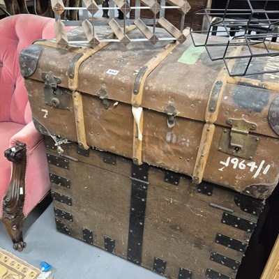 Lot 852 - A large oak silver chest and two cabin trunks.