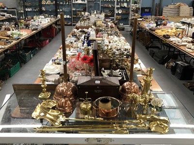 Lot 473 - Brasswares to include fire irons, to copper...