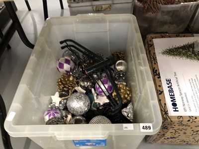 Lot 489 - An artificial spruce Christmas tree, baubles...