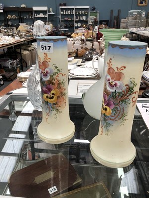 Lot 517 - A pair of glass vases painted with pansies, a...