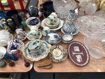 Lot 527 - A clear glass lustre, decanters, ruby glass...