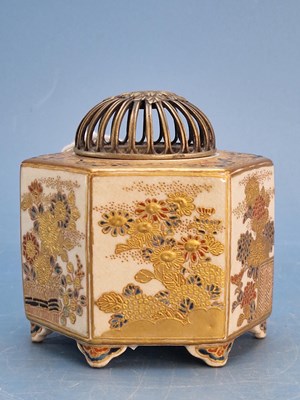 Lot 364 - A Satsuma heagonal incense burner with a domed...