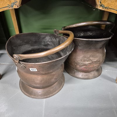 Lot 937 - Two antique copper coal scuttles.