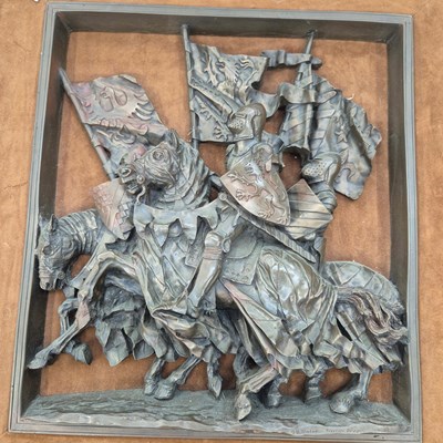 Lot 573 - A relief cast plaque of knights on horseback