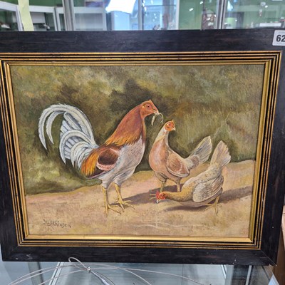 Lot 624 - An oil painting of cockerels and hens. 43 x 32 cm