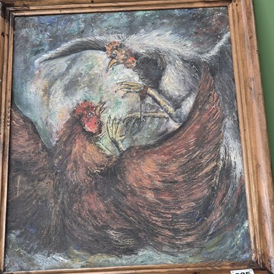 Lot 625 - An oil painting depicting a cock fight with spurs