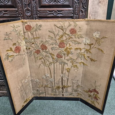 Lot 664 - An arts and crafts embroidered linen three...