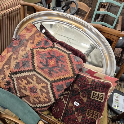 Lot 723 - An antique oval mirror and various carpet...
