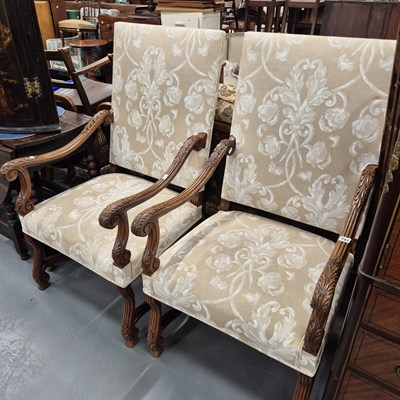 Lot 743 - A pair of antique walnut framed carolean style...