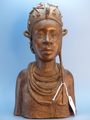Lot 384 - A Benin bronze bust of an Ayoba wearing a...